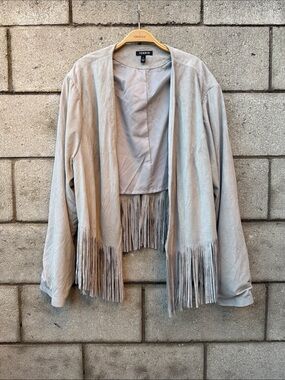 torrid taupe fringe-open suede-look jacket